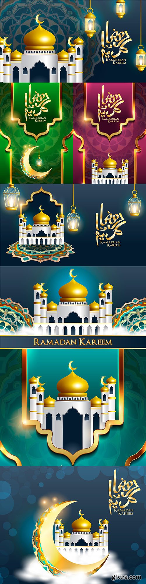 Ramadan Kareem banner golden mosque illustration
