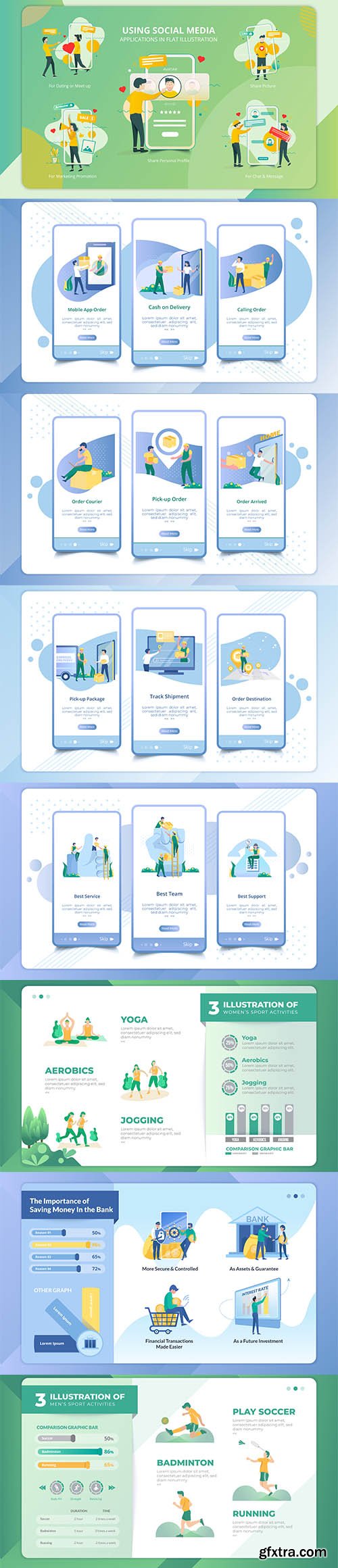 Collection of People Use Social Media, App and Sport Illustration