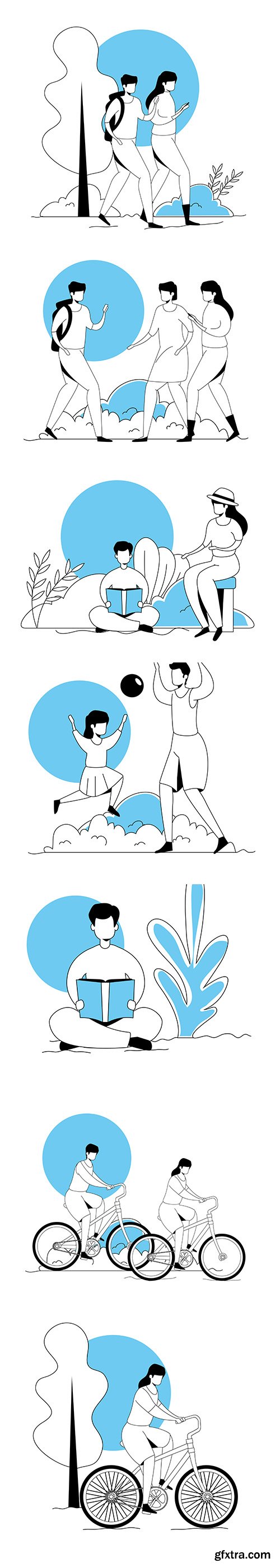 People Walking Park Landscape Illustration Set