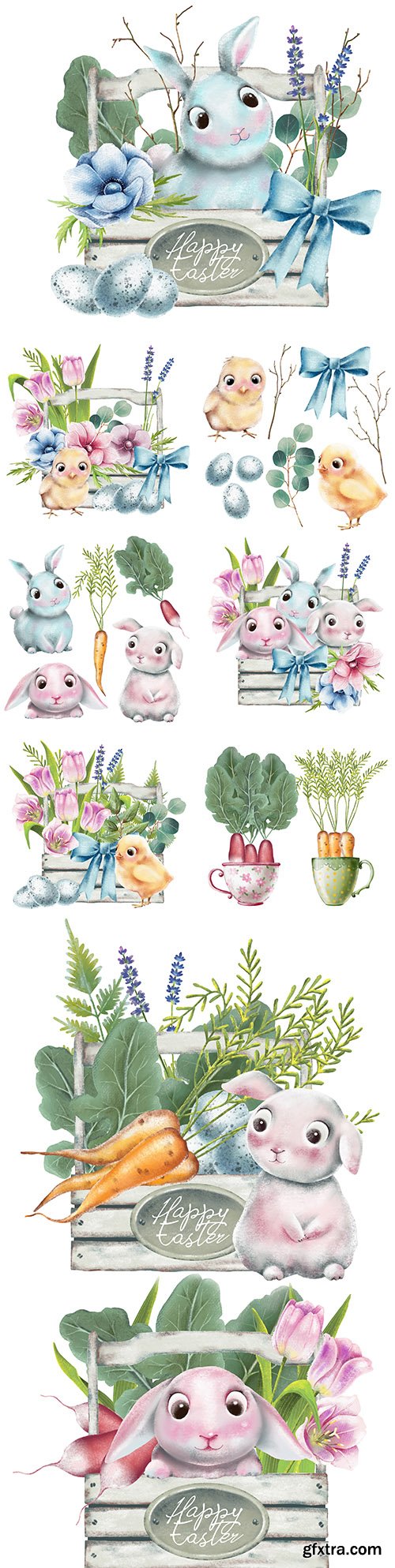 Easter hare in wooden basket with watercolor flowers 