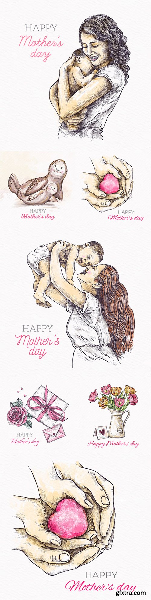 Mother's Day Design with Flowers Watercolor Illustrations 6xEPS
