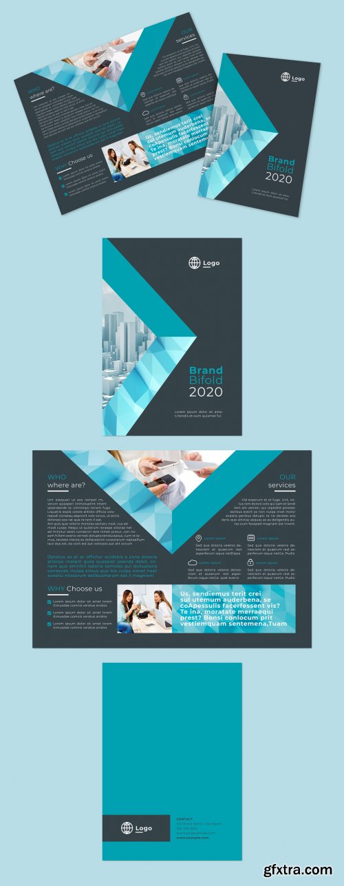 Teal Bifold Brochure Layout with Geometric Overlay Elements 329834803