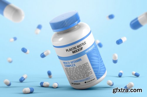Gravity bottle with falling pills mockup