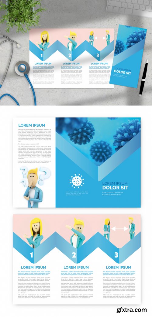 Pink and Blue Trifold Brochure Layout with COVID-19 Information and Illustrations 332448309