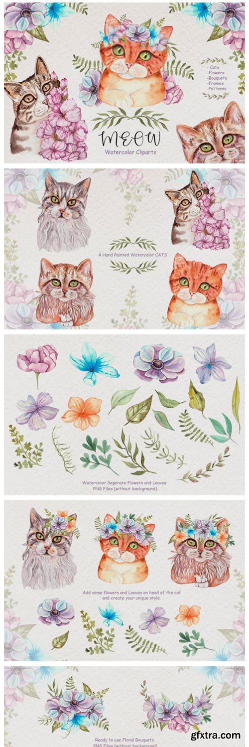 Watercolor Cats and Flowers 3776752