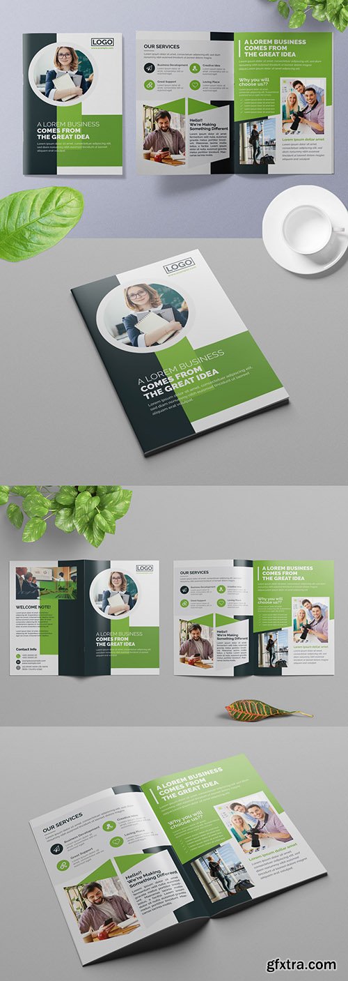 Bifold Business Brochure Layout with Green Accents 309429203