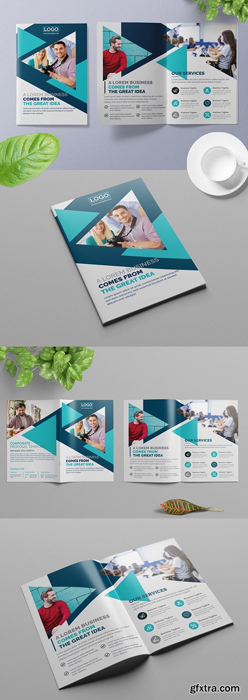 Bifold Business Brochure Layout with Blue Geometric Design Elements 309429162