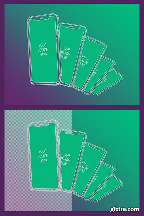5 Wireframe Smartphones Screen Mockups with Transparent Background 337076679