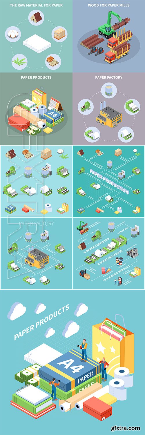 Paper production concept icons set with paper factory symbols isometric