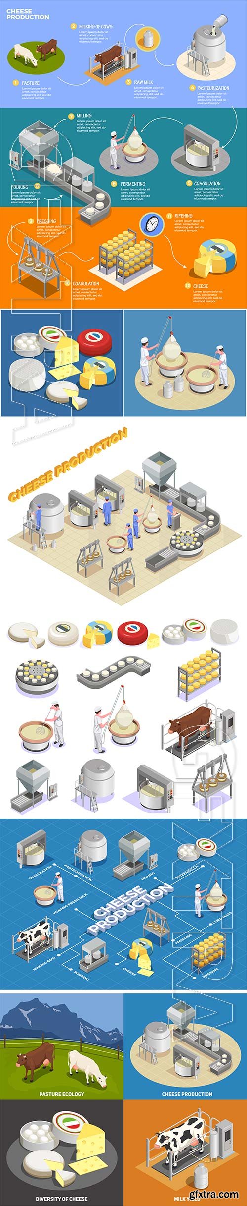 Isometric cheese production illustrates the process of milk yield Isometric cheese production illustrates the process of milk yield