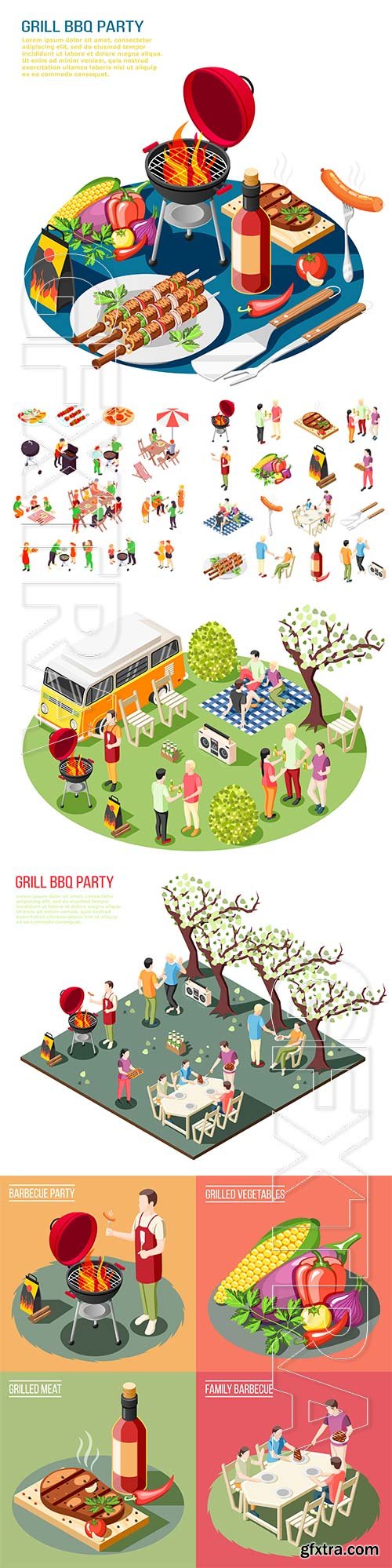 Barbecue grill party isometric icons collection with isolated icons grill food outdoors grill and people