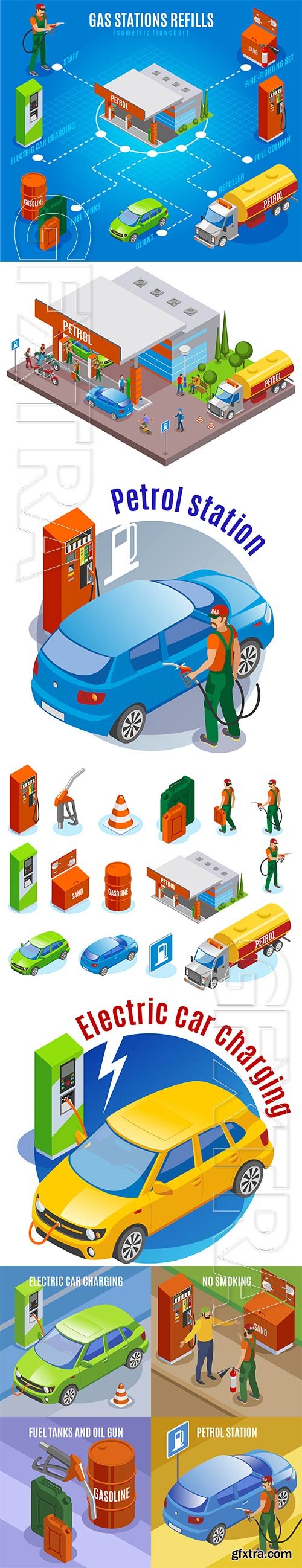 Refueling refills the isometric concept with compositions of automobile images of fuel tanks