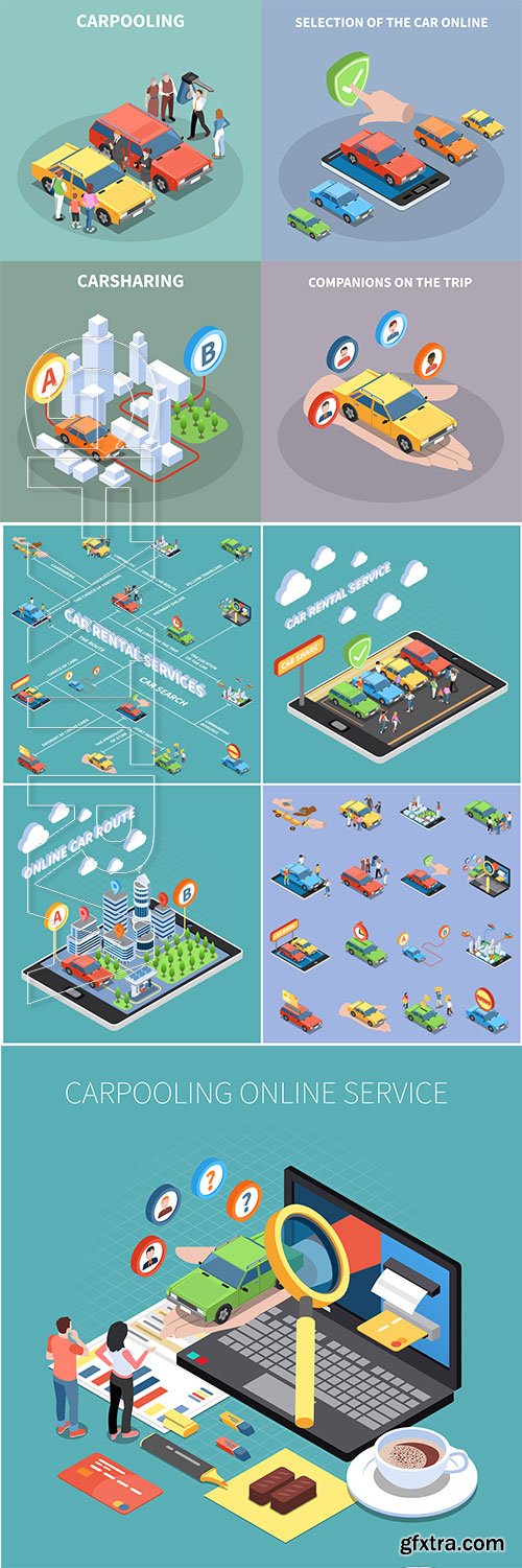 Car sharing and isometric concept with car rental symbols