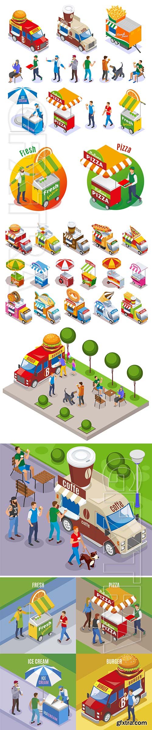 Street food carts and vehicle sellers and customers isometric icons set