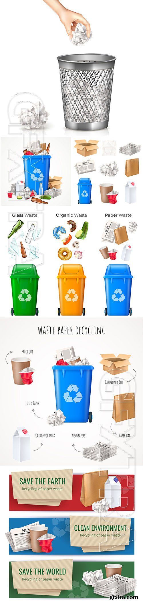 Trash and waste concept with food glass and paper realistic