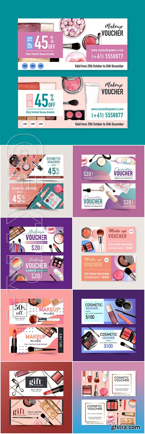 Cosmetic voucher vector set with lipstick, brush on, eyeshadow