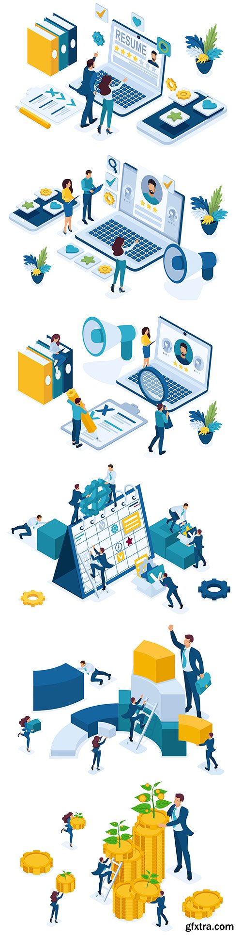 Isometric business data for analysis and employee personnel manager
