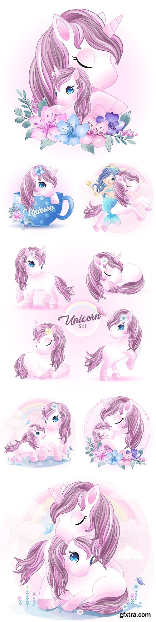 Cute Unicorn with Mom and Flowers Cartoon 7xEPS