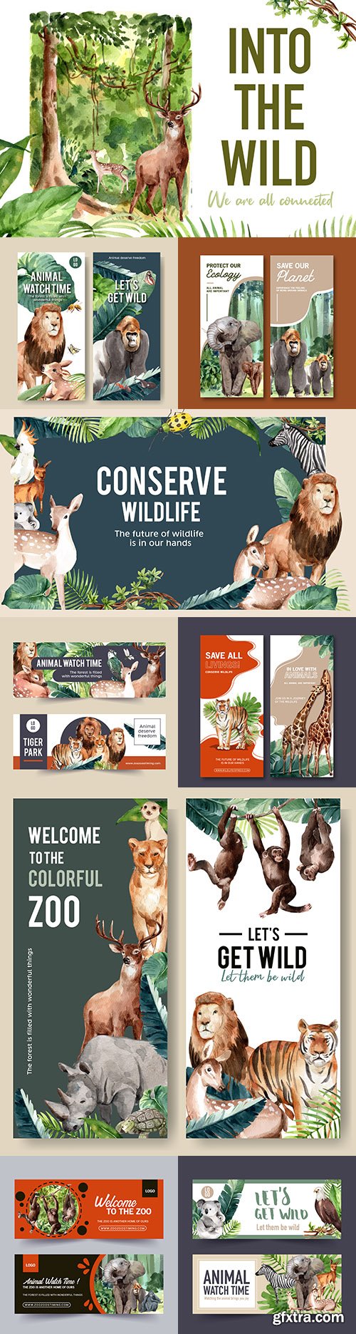 Zoo banner design with animal watercolor illustrations
