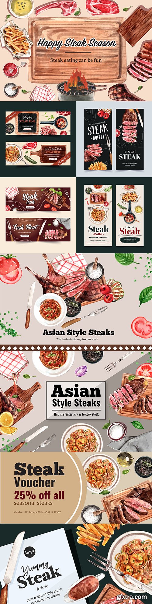 Steak banner design with fried meat, spaghetti watercolor illustrations
