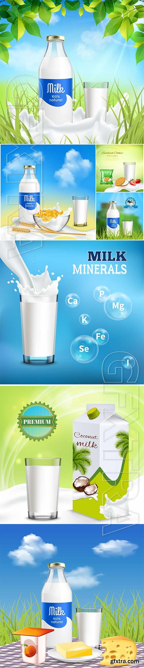 Milk ,bottle, glass, isometric, element, vector, collection