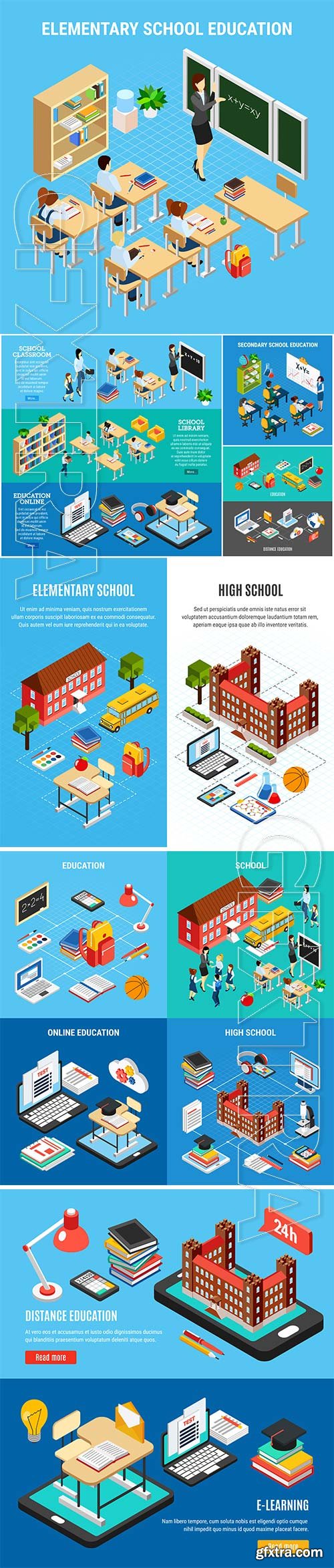 Isometric education banners vector set