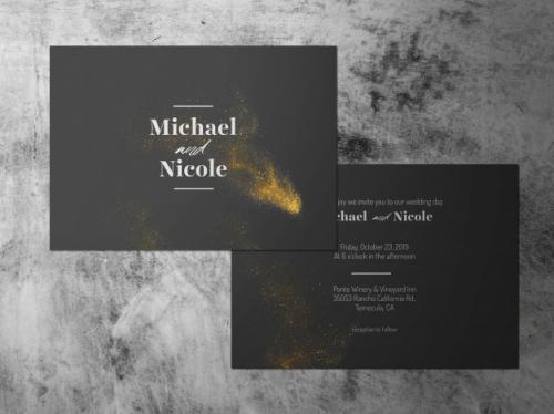 Wedding Invitation, Two Faced Gold Black White Theme Card Premium PSD