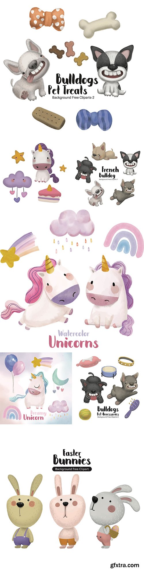 French bulldog and unicorn with bunny watercolour illustration