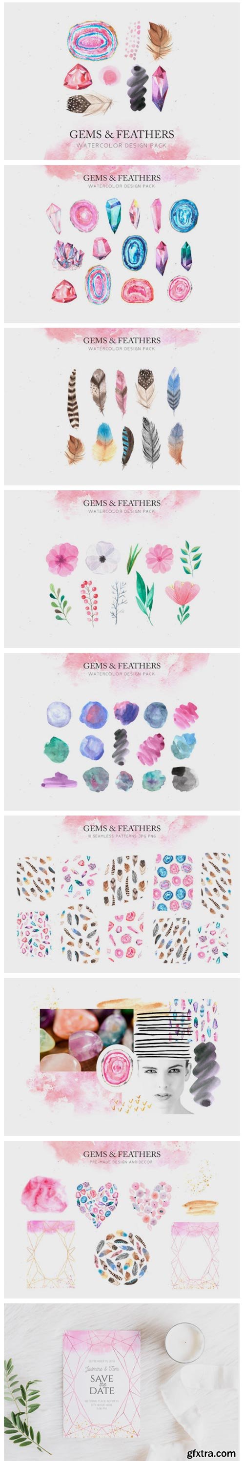 Watercolor Gems & Feathers Set 3669821