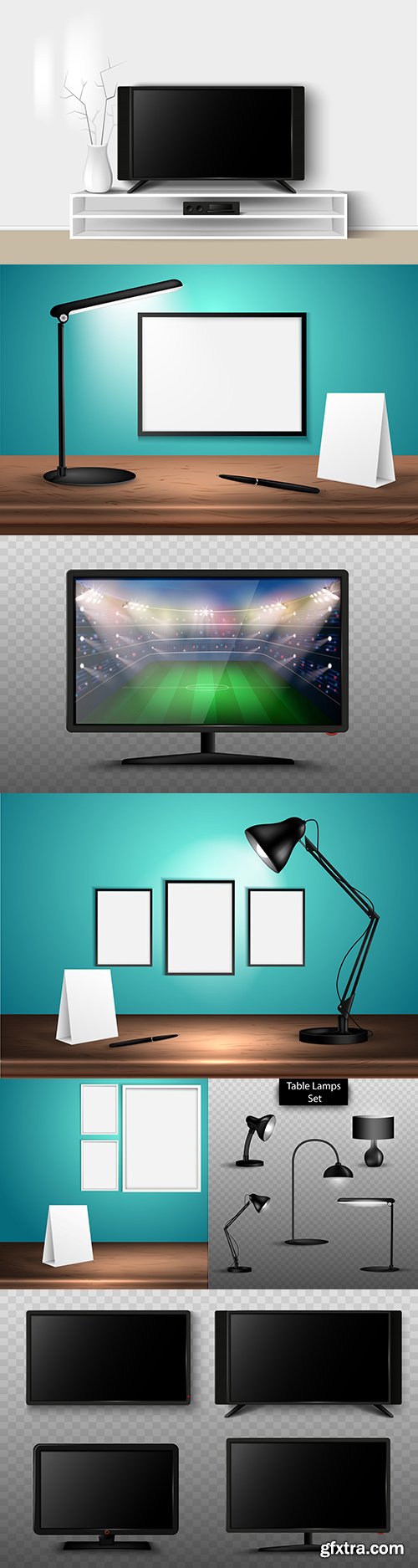 Table lamp and TV on wooden table 3d illustrations
