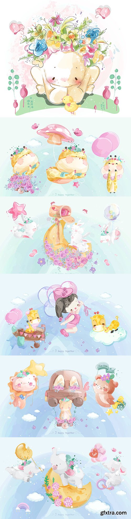 Cute little giraffe and elephant in colourful watercolour style
Cute little giraffe and elephant in colourful watercolour style