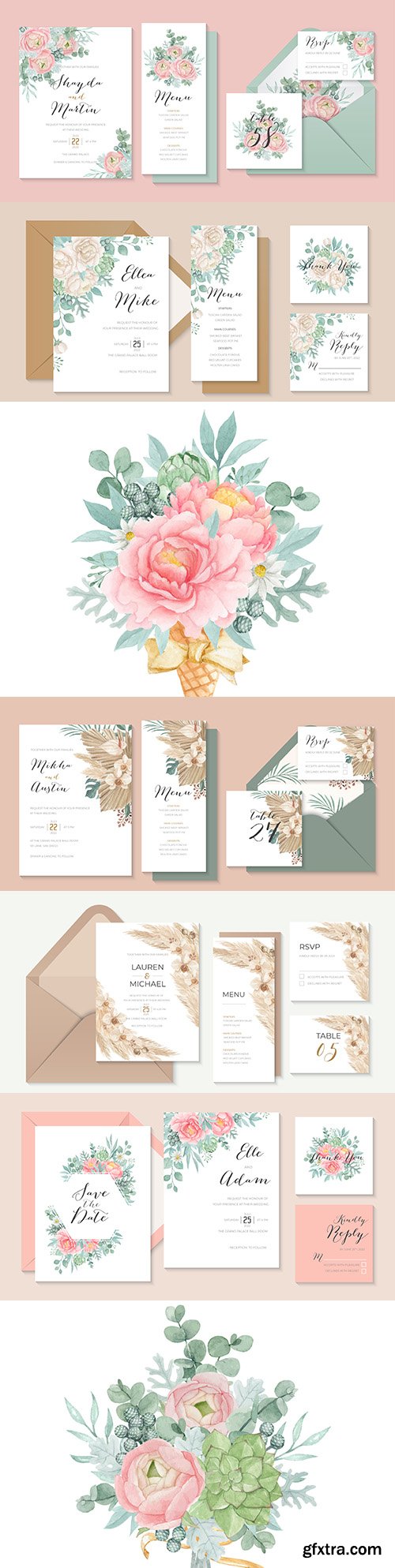 Romantic wedding invitation and watercolor flower bouquet
Romantic wedding invitation and watercolor flower bouquet