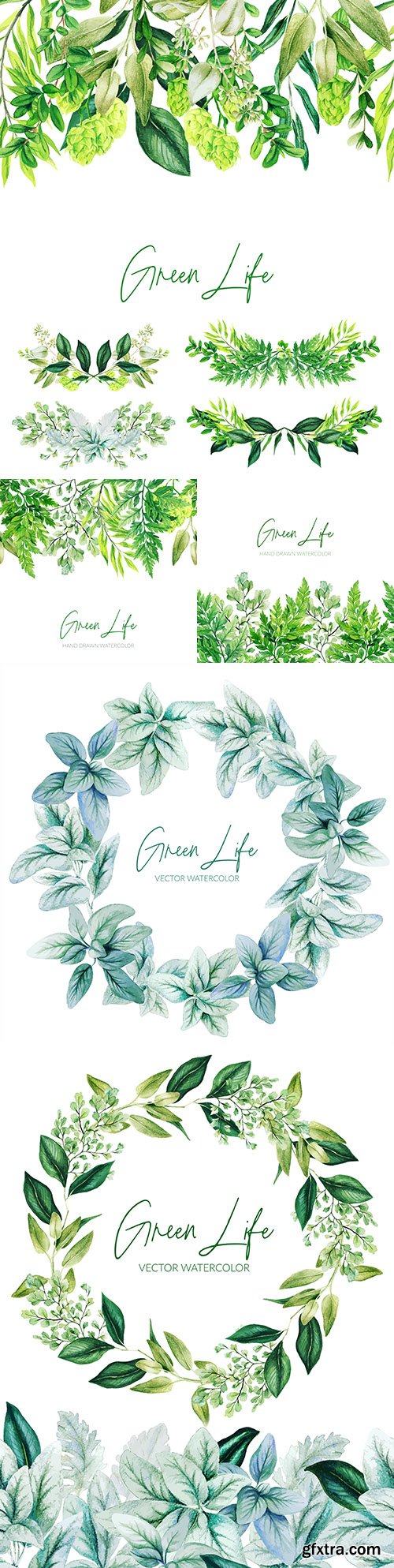 Watercolor green leaves and wreath of branches with leaves 
