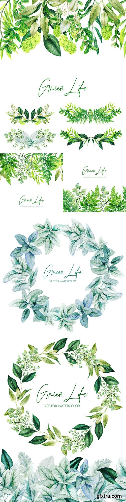 Watercolor green leaves and wreath of branches with leaves
Watercolor green leaves and wreath of branches with leaves