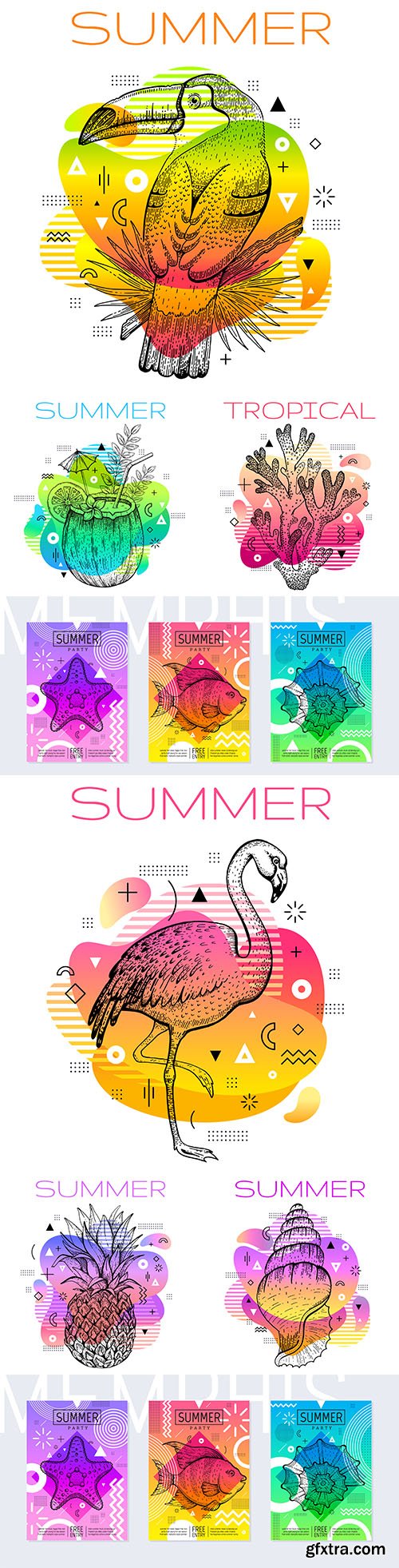 Summer in geometric style memphis with sketch drawing
Summer in geometric style memphis with sketch drawing