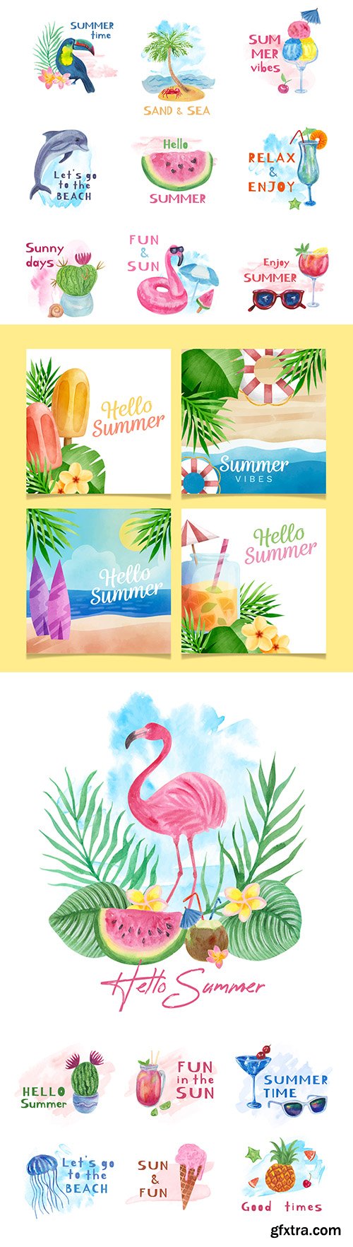 Hello summer watercolor design label and elements
Hello summer watercolor design label and elements
