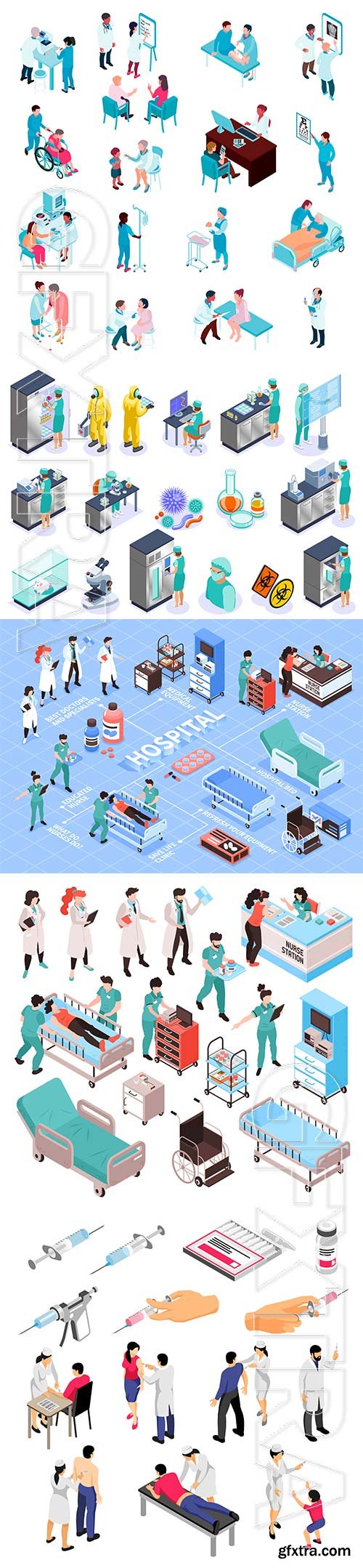 Human characters during vaccination and syringes with medical products set of isometric