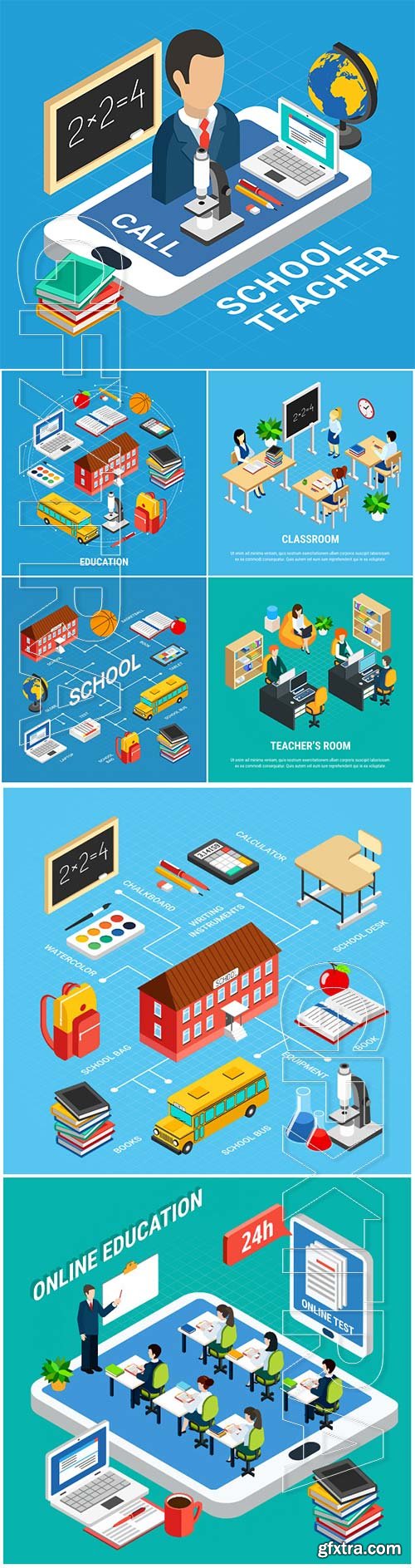 Isometric education illustration with school teacher and devices