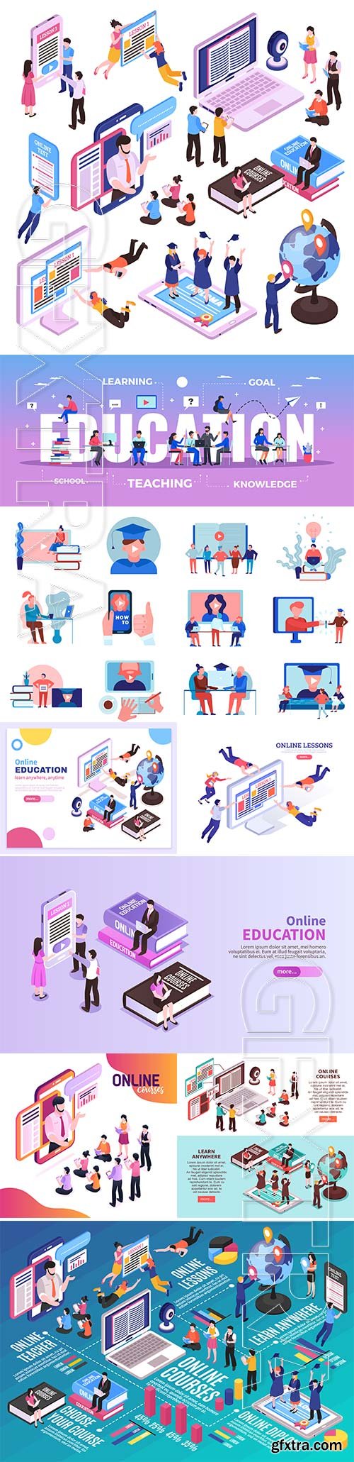 Online training vector infographics layout with electronic devices students