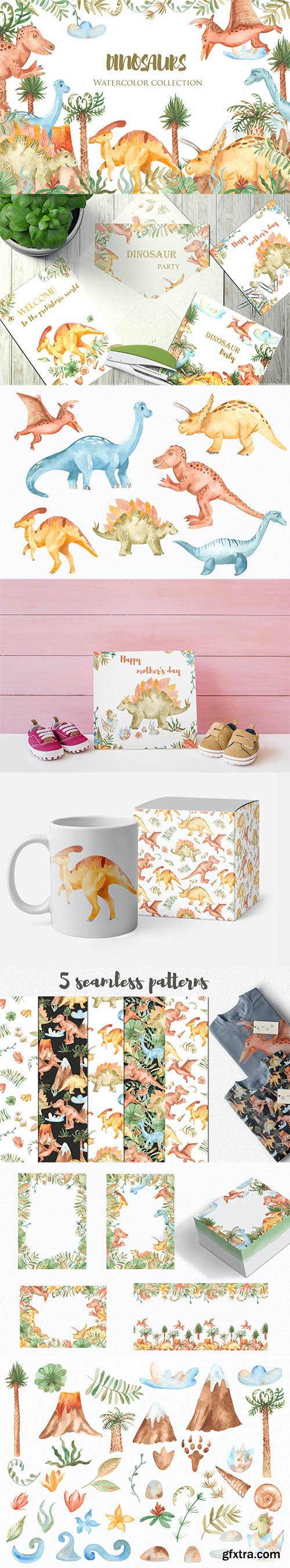 Watercolor Dinosaurs. Clipart, patterns, frames Watercolor Dinosaurs. Clipart, patterns, frames