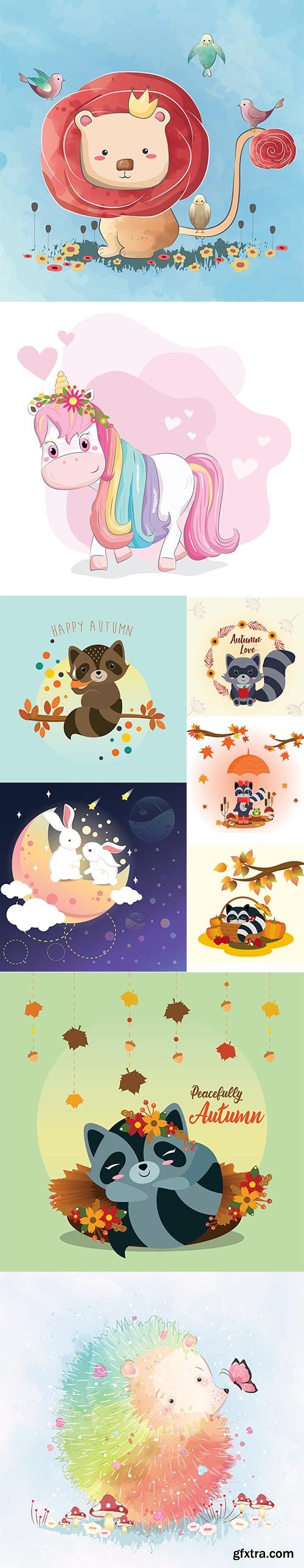 Happy Cute Little Animals Vector Illustration Set Vol 6