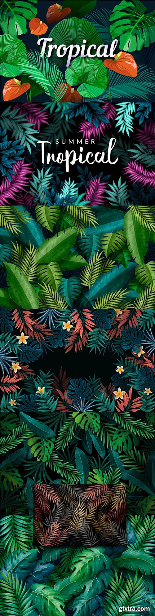 Tropical colored leaves with flowers and inscriptions
Tropical colored leaves with flowers and inscriptions