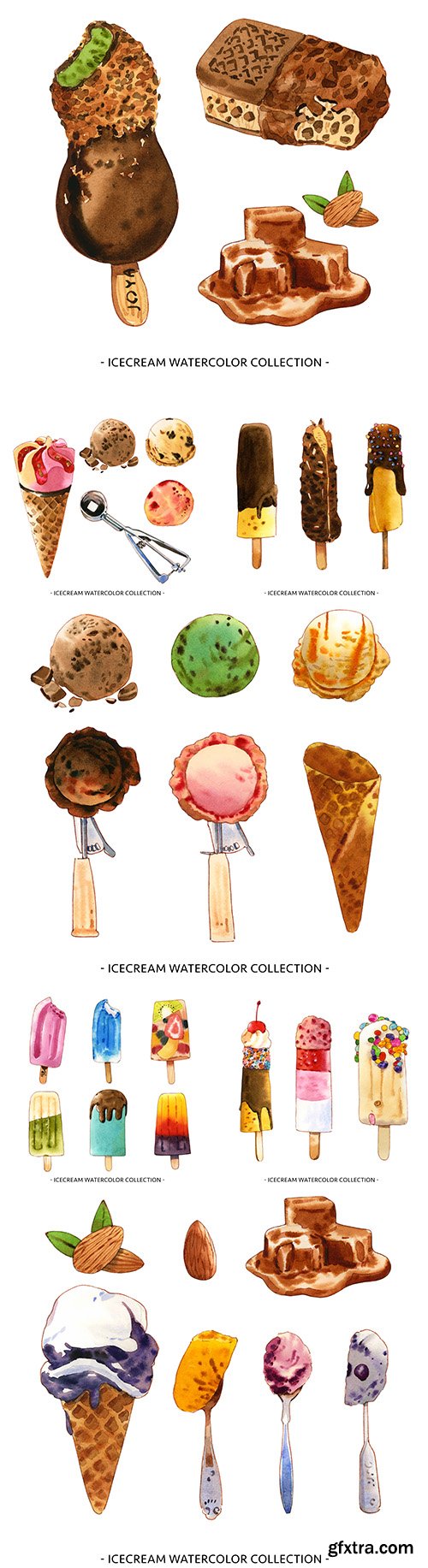 Ice cream with nuts and chocolate watercolor illustrations
Ice cream with nuts and chocolate watercolor illustrations