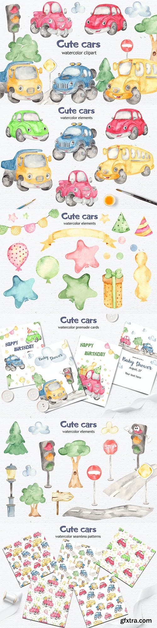 Watercolor cute Cars. Clipart, cards, patterns