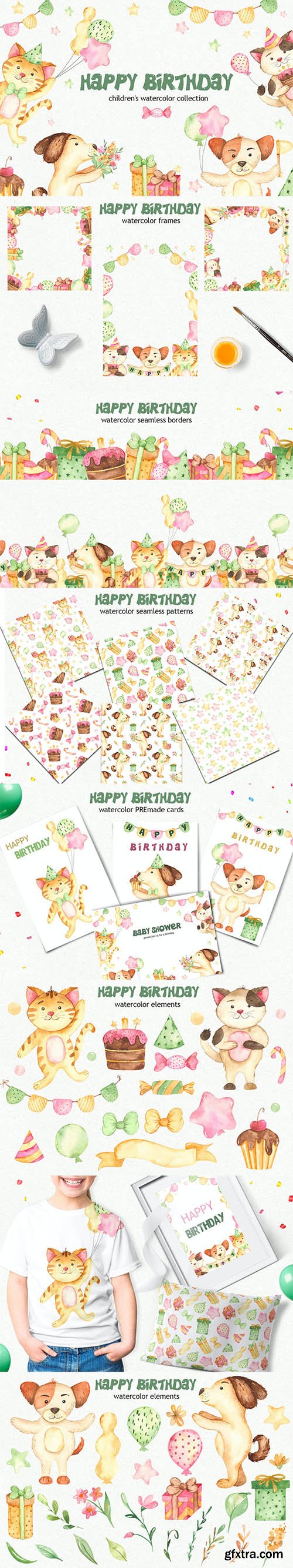 Watercolor Happy Birthday Dog and Cat Clipart