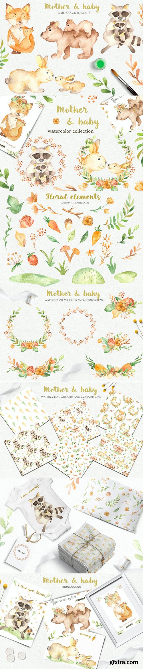 Watercolor Mother and Baby animals. Mothers Day