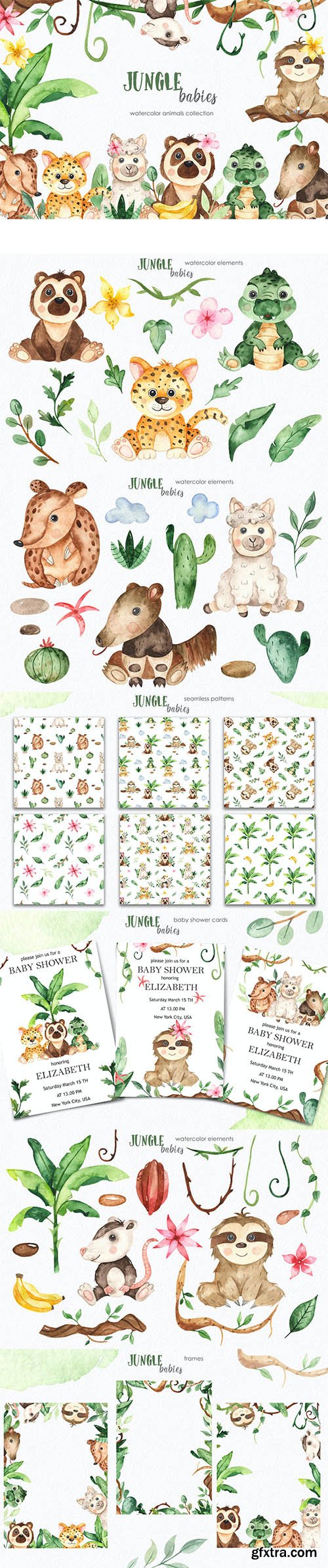Watercolor jungle babies animals Clipart