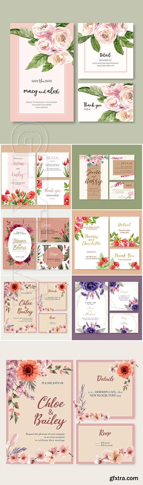 Floral wedding card with flowers watercolor illustration