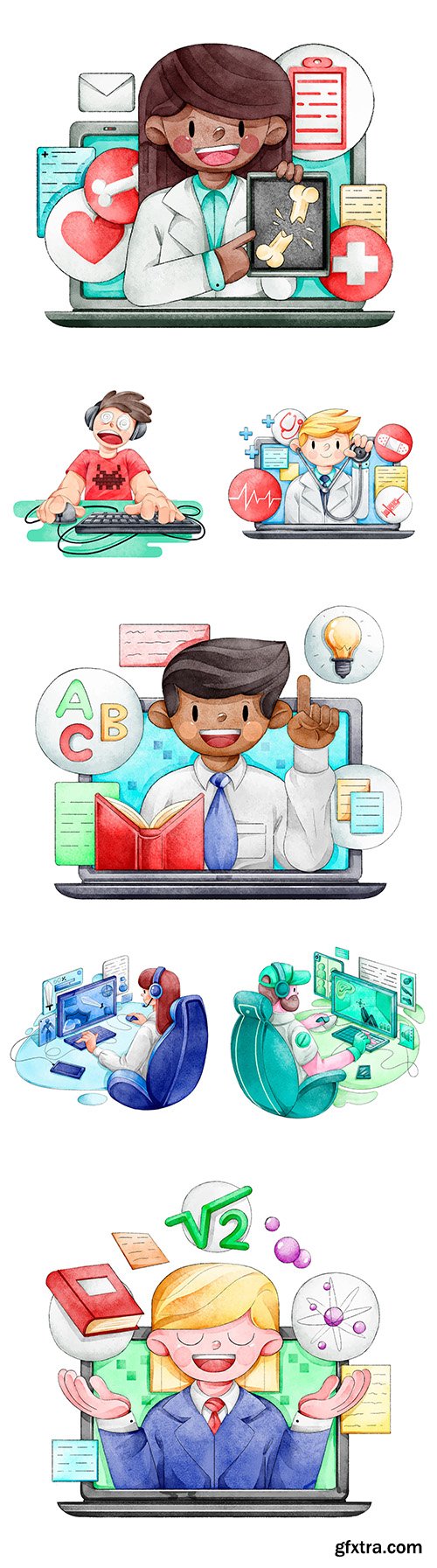 Online courses, video games and internet doctor drawing illustrations
Online courses, video games and internet doctor drawing illustrations