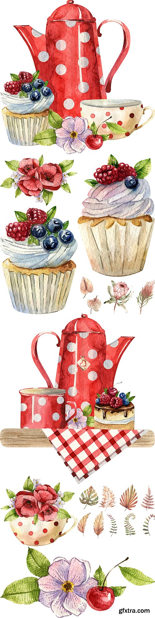 Breakfast tea time and cake summer watercolor illustration
